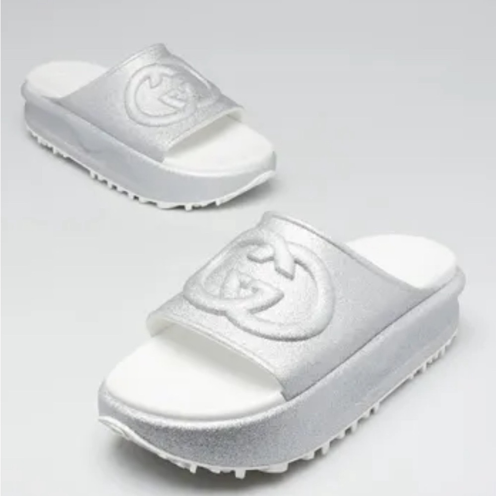 Gucci Interlocking GG Silver and White Rubber Slide Platform Sandal Size 37